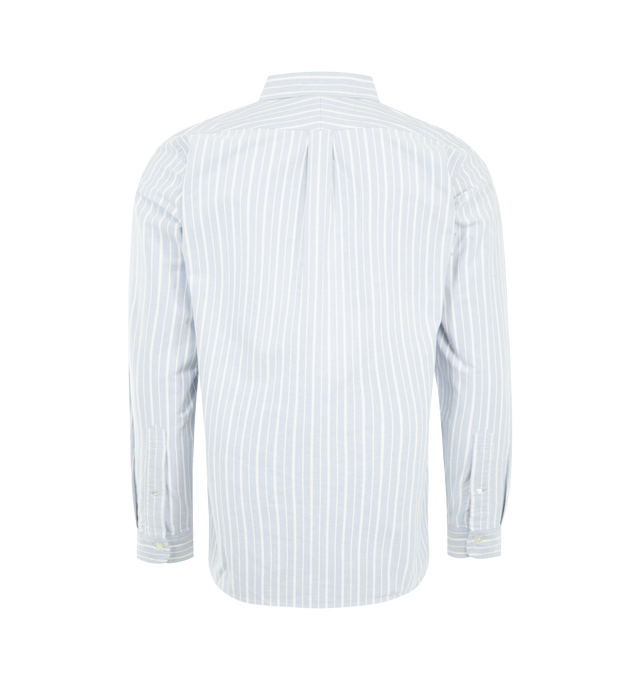 Image 2 of 2 - BLUE - HUMAN MADE Striped Oxford Button Down Shirt featuring soft Oxford fabric, all-over striped pattern, button-down collar, front button closure, signature heart patch on the chest, tonal text embroidery on the left front and sleeve, buttoned cuffs and curved hem. 100% cotton.
