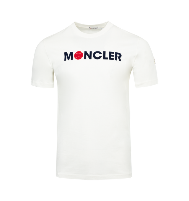Image 1 of 2 - WHITE - MONCLER Flocked Logo T-Shirt featuring organic cotton jersey, crew neck, short sleeves and flocked logo print. 100% cotton. Made in Turkey. 