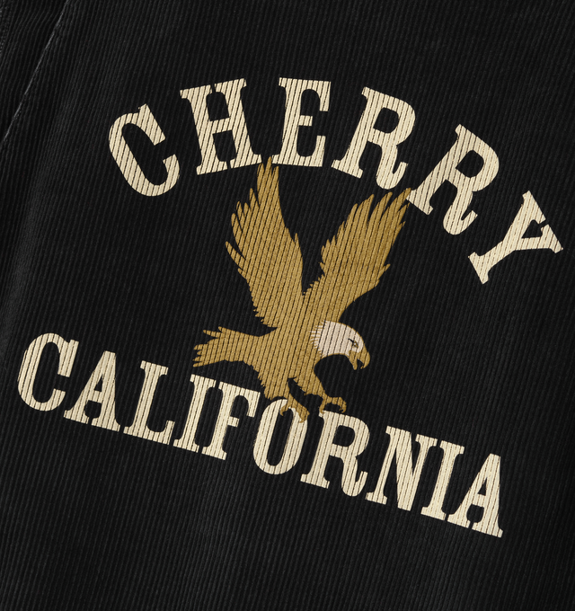 Image 4 of 7 - BLACK - Cherry LA Men's Corduroy Work Jacket is crafted from cotton corduroy and features a vintage-washed finish, a canvas collar, and a nickel zip closure at the front. Designed with double welt chest pockets with zip closures, side welt pockets, distressed detailing, and a screen-printed graphic at the back, this workwear-inspired style is finished with custom branded hardware and a removable eagle pin at the collar. Main Material: Cotton. Made in Los Angeles, USA.
