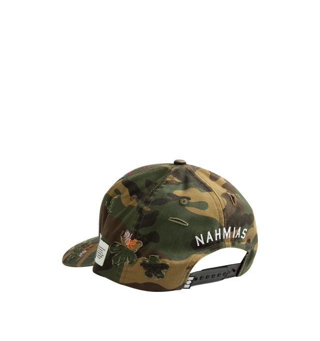 Image 2 of 2 - GREEN - Nahmias Unisex Camo Gardener Trucker Hat features a camo print with rainbow stitching details and signature Nahmias embroidery at the back. Designed in Los Angeles, this trucker-style cap is finished with an adjustable snap closure for a customizable fit.