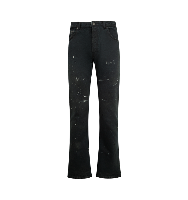 Image 1 of 3 - BLACK - ENFANTS RICHES DEPRIMES Zurich 64 Flare Jeans featuring mid rise, five pocket styling, button fly, belt loops at waist, embossed logo patch at back waistband, slightly flared and distressing throughout. 100% cotton. Made in Japan.