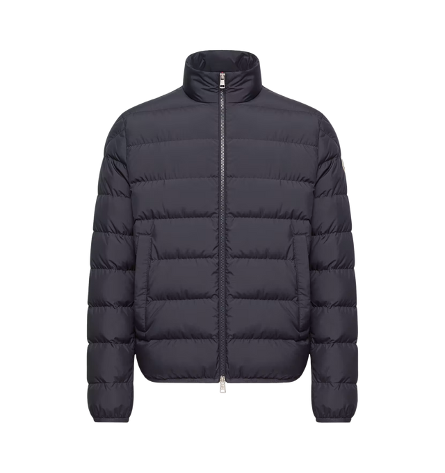 Image 1 of 1 - NAVY - MONCLER Baudinet Short Down Jacket featuring polyester lining, down-filled, zipper closure, pockets with button closure, elastic hem and cuffs and logo trim. 100% polyester. Padding: 90% down, 10% feather.