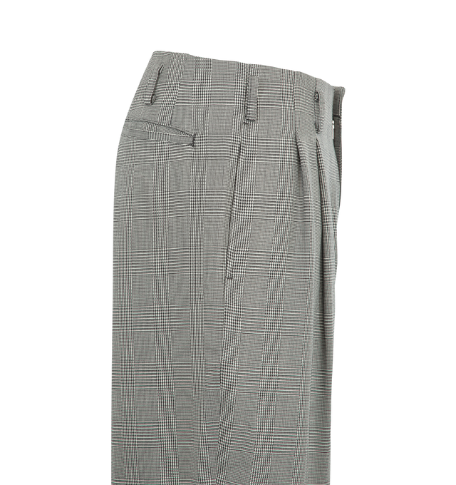 Image 3 of 3 - GREY - Comme des Garons Homme Plus Men's Plaid Double-Pleated Trousers are tailored in a classic Glen/Prince of Wales check pattern and silhouette. Designed with a regular-rise waist, these relaxed-fit trousers are defined by deep double pleats, a slightly cropped length, and adjustable metal buckles at the waistband for a customizable fit. Main Material: Wool.