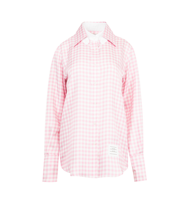 Image 1 of 3 - PINK - THOM BROWNE Gingham Shirt featuring removable collars and cuffs, front button closure, name tag applique, pleated back yoke with locker loop and signature striped grosgrain loop tab. 100% silk. Made in Italy.