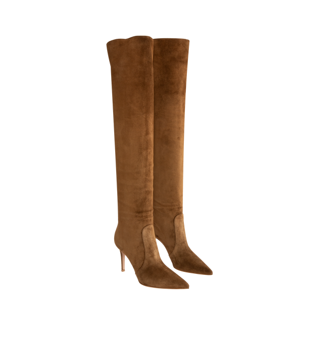 Image 2 of 4 - BROWN - GIANVITO ROSSI Hansen Suede Knee Boots featuring pointed toe and pull-on style. Lining: Goat leather. Made in Italy.