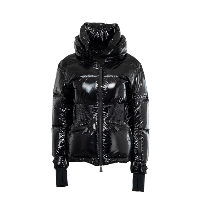 Image 1 of 4 - BLACK - MONCLER GRENOBLE Rochers Short Down Jacket featuring nylon laqu lining, down-filled, pull-out hood with visor, water-repellent look two-way zipper closure, water-repellent look zipped outer pockets, water-repellent look zipped inner media pocket, water-repellent look zipped ski pass pocket, powder skirt, elastic waistband, jersey wrist gaiters and adjustable cuffs. 100% polyamide/nylon. Padding: 90% down, 10% feather. Made in Turkey. 