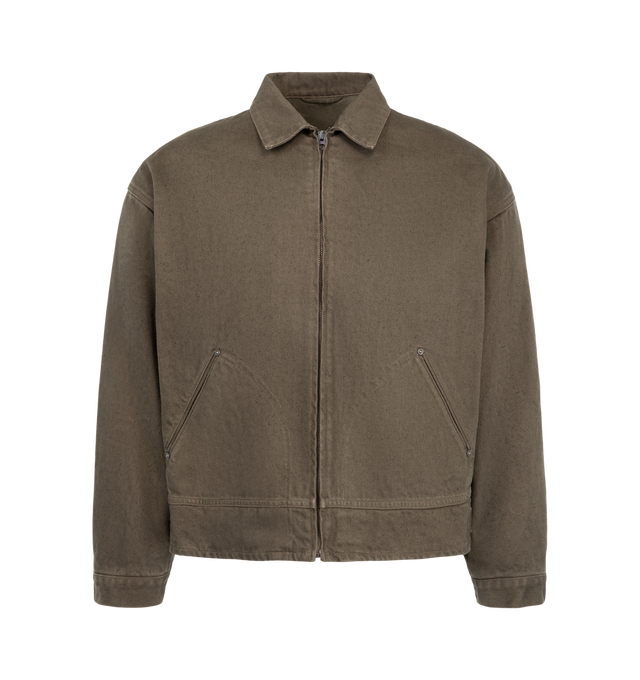 Image 1 of 3 - BROWN - Kaptain Sunshine Men's Dyed Denim Work Jacket is crafted from the brand's signature 13.5 oz cotton denim, treated through a mercerization process and finished with garment dyeing for enhanced depth of color and character. Designed with a relaxed-fitting silhouette, this workwear-inspired jacket features a front zip closure, adjustable side buckles, and a soft cotton flannel lining for added comfort and warmth. Main Material: 100% Cotton. Lining: 100% Cotton Flannel. Made in Japan.