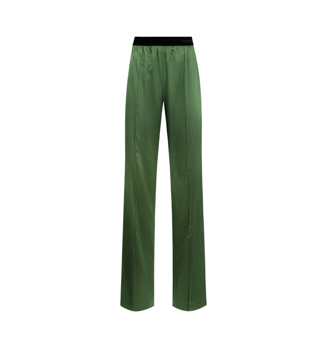 Image 1 of 3 - GREEN - TOM FORD Stretch Silk Satin PJ Pants featuring relaxed stretch silk satin PJ pants with a doubled satin waistband and tonal TF embroidery. 94% silk, 6% elastane. Made in Italy.