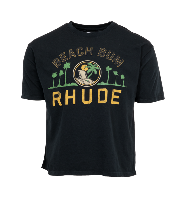 Image 1 of 2 - BLACK - RHUDE Palmera T-Shirt featuring rib knit crewneck, short sleeves and logo graphic printed at front. 100% cotton. Made in USA. 