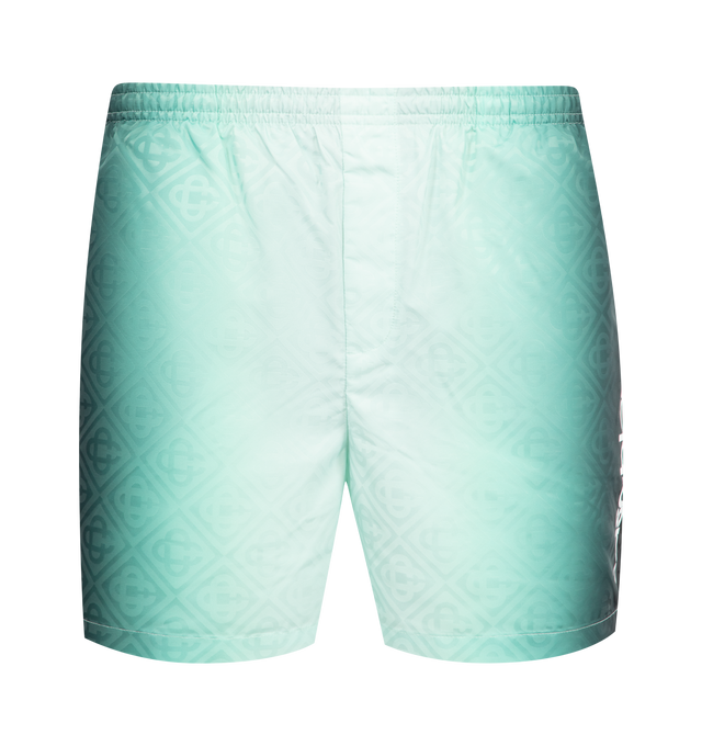 Image 1 of 3 - GREEN - CASABLANCA Gradient Monogram Jacquard Swim Shorts featuring signature Casablanca logo down the side, elasticated waistband, internal drawstring fastening, a lining, an internal pocket, and in-seam side pockets. 100% polyester.