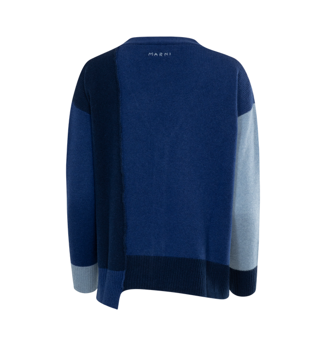Image 2 of 2 - BLUE - MARNI cashmere cardigan in a colour-block panelled design with embroidered logo to the rear,  V-neck,  front button fastening, long sleeves, ribbed cuffs and asymmetric hem. Made in Italy. 100% Cashmere. 