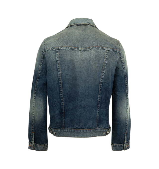 Image 2 of 3 - BLUE - COUT DE LA LIBERTE Johnny Twisted Trucker Jacket featuring a classic button front closure, two button flap chest pockets, classic collar and button cuffs. 100% cotton. Made in the USA.