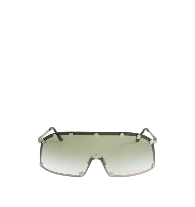 Image 1 of 3 - SILVER - Rick Owens Silver Shielding Sunglasses feature an aviator-style stainless steel frame with gradient green lenses and rivet detailing. Designed with adjustable rubber nose pads, rubber temple tips, and include a leather storage pouch. Frame Material: Stainless Steel. 100% UV protection. Made in Italy.