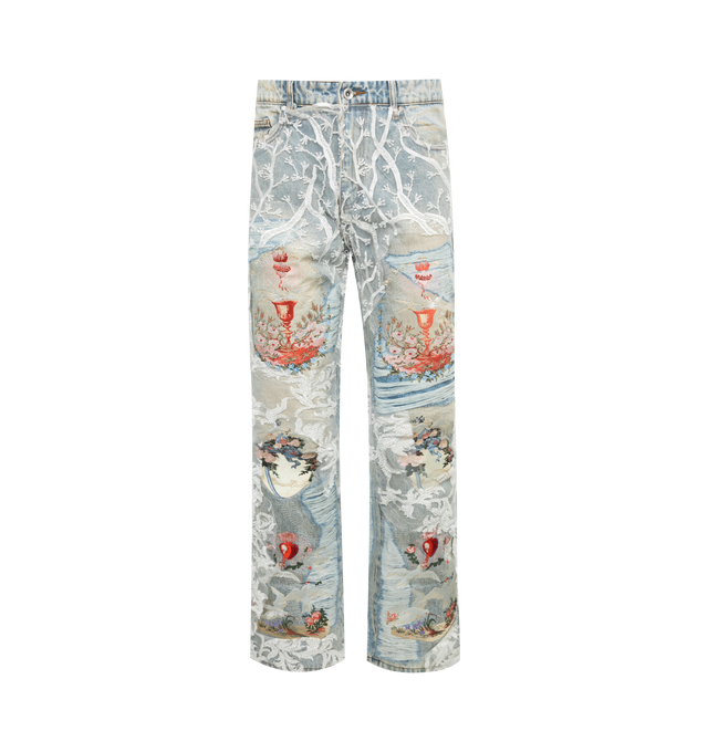 Image 1 of 3 - BLUE - WHO DECIDES WAR Chalice Jeans featuring nNon-stretch denim, fading and distressing, embroidered graphics, beaded mesh overlays, belt loops, five-pocket styling, zip-fly, leather logo patch at back waistband and contrast stitching in tan. 100% cotton. Made in China. 