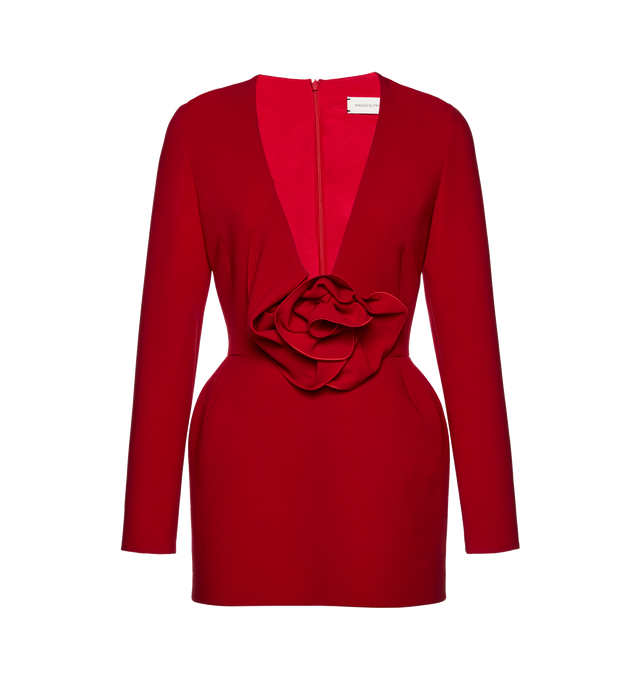 Image 1 of 2 - RED - MAGDA BUTRYM Floral Applique Mini Dress featuring long-sleeves, mini length, deep v neckline with a floral applique at the waist. 96% wool, 4% elastane. Lining: 100% silk.