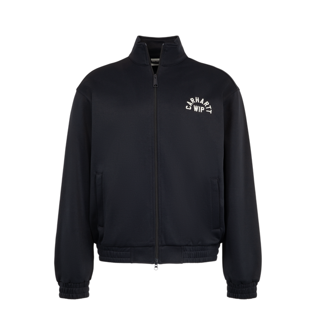 Image 1 of 3 - NAVY - Carhartt WIP Men's Bolon Sweat Jacket is crafted from midweight polycotton interlock and features a loose-fit silhouette, raglan sleeves, and a high neckline. Designed with a front zip closure, zipped welt pockets, and embroidered lettering, this versatile layer is finished with elasticized cuffs and hem for a comfortable fit. Main Material: 64% Polyester, 36% Cotton.