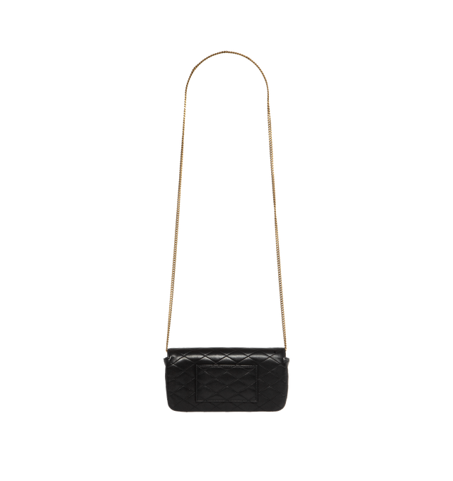 Image 2 of 3 - BLACK - SAINT LAURENT Chain Phone Holder with front flap and snap closure, bronze-tone hardware, and a single flat pocket at the back. Adorned with the Cassandre and diamond quilted over-stitching. Features a 20.1 inch drop chain shoulder strap.  Measures 7.5 X 3.9 X 1.8 inches. 90% lambskin, 10% metal. Made in Italy.  