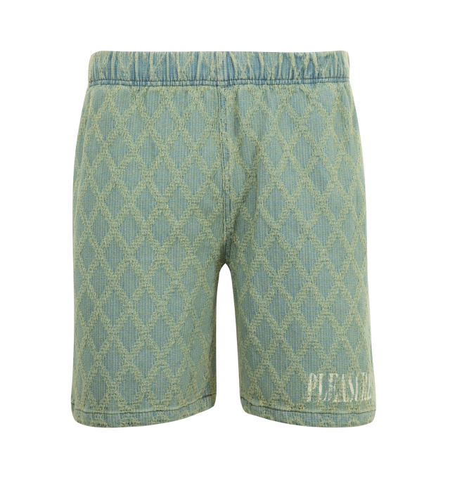 Image 1 of 3 - BLUE - PLEASURES Diamond Jacquard Shorts featuring elastic waist, side-seam pockets, back welt pocket and logo on leg. 70% cotton, 14% rayon, 16% polyester.