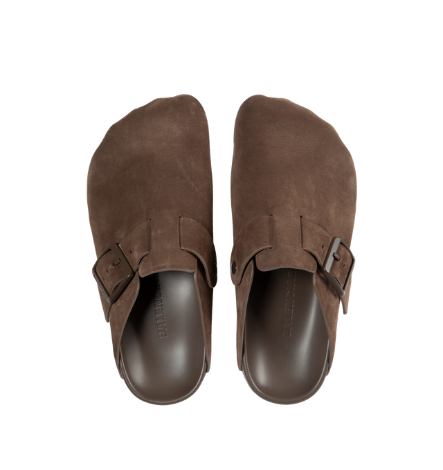 Image 4 of 4 - BROWN - BALENCIAGA Sunday Mule featuring suede calfskin, mule, five finger shape at toe, one leather strap with one adjustable belt buckle, Balenciaga logo engraved on buckle, printed Balenciaga logo on sole part and tone-on-tone sole and insole. 100% calfskin. Made in Italy. 
