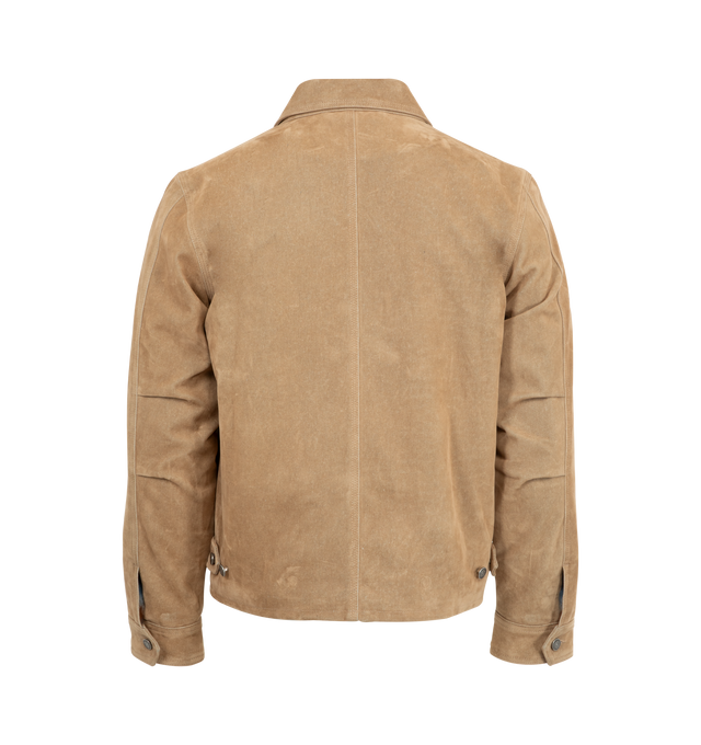 Image 2 of 3 - BROWN - COUT DE LA LIBERTE Carl Suede Denim Twill Patched Jacket featuring classic collar, zip front closure, button cuffs and 4 front pockets. Made in USA.