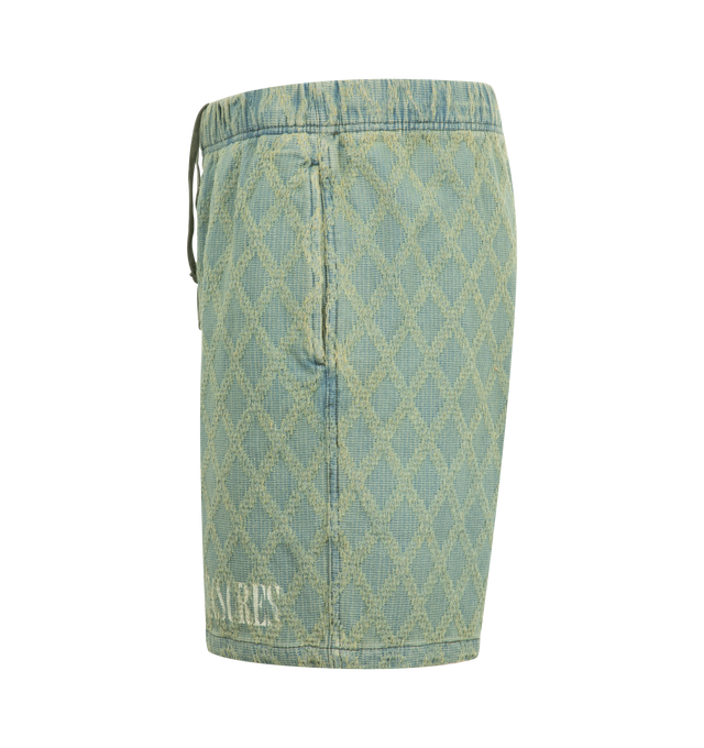 Image 3 of 3 - BLUE - PLEASURES Diamond Jacquard Shorts featuring elastic waist, side-seam pockets, back welt pocket and logo on leg. 70% cotton, 14% rayon, 16% polyester.