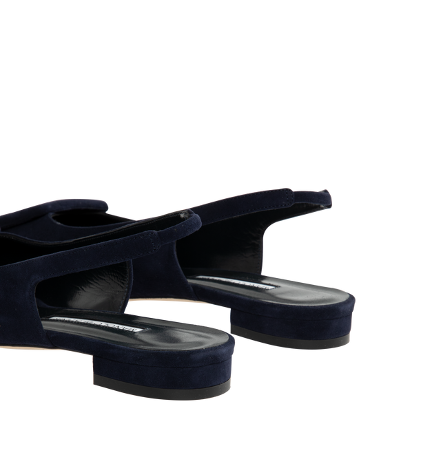 Image 3 of 4 - NAVY - MANOLO BLAHNIK Maylura Slingback Flats featuring suede pointed toe flat pumps with decorative buckle detail, elasticated slingback design and flat stacked heel. Upper: 100% kid suede. Sole: 100% calf leather. Lining: 100% kid leather. Heel measures 10 mm. Made in Italy.