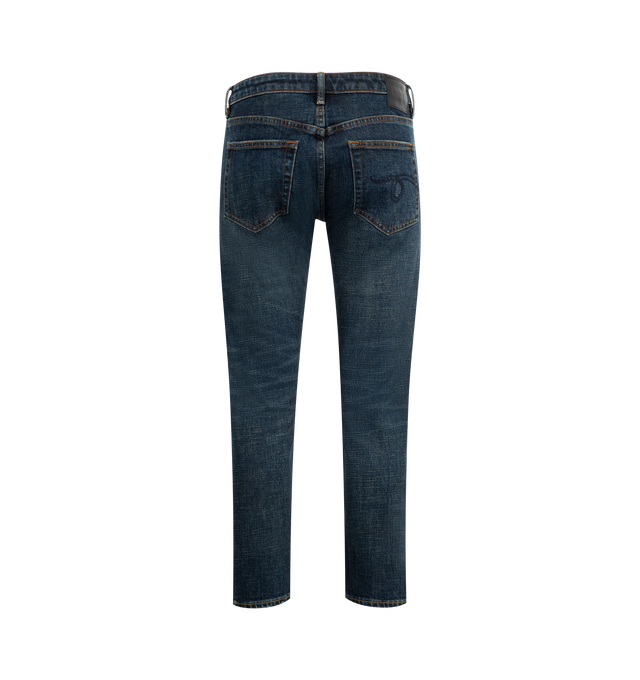 Image 2 of 3 - BLUE - R13 Straight Boy Jeans featuring zip fly with button closure, 5 pocket design, intentionally distressed areas and heavy whiskering and fading detail. 100% cotton.