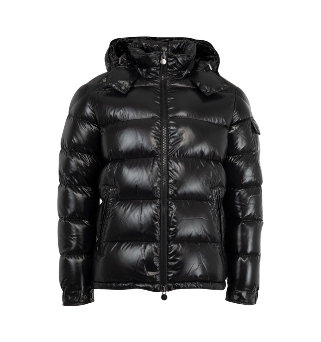 Image 1 of 4 - BLACK - MONCLER Maya Jacket featuring nylon laqu lining, down-filled with boudin quilting, detachable hood with snap buttons, adjustable with drawstring fastening, two-way zipper closure, zipped pockets, adjustable, elasticized cuffs with snap buttons, hem with drawstring fastening, flap patch pocket on sleeve and felt Moncler logo on sleeve. 100% polyamide/nylon. Padding: 90% down, 10% feather.