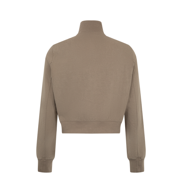 Image 2 of 2 - NEUTRAL - Rick Owens DRKSHDW Men's Rev Track Jacket is crafted from heavyweight compact cotton jersey and features a below-waist silhouette, a funnel neck, level shoulder seams, ribbed cuffs and waistband, and a central zip closure. Designed with front vertical snap-closure pockets and garment-dyed for a soft handfeel, this track-inspired style combines comfort and functionality. Main Material: 100% Cotton.