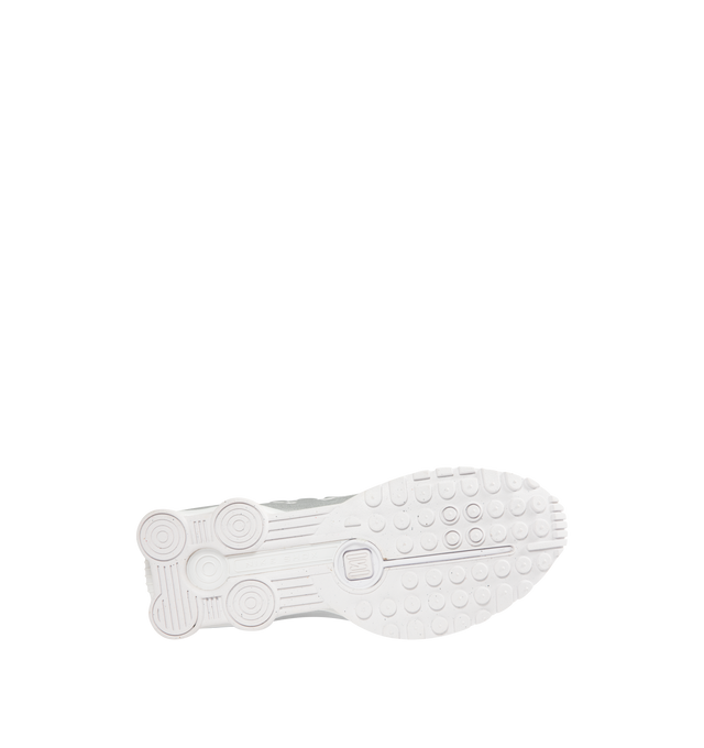 Image 4 of 5 - WHITE - NIKE Shox R4 Sneaker featuring Shox columns in the heel, synthetic and textile upper, Nike Shox technology, modified, circular Waffle outsole, laser perforations throughout, foam midsole and rubber outsole.