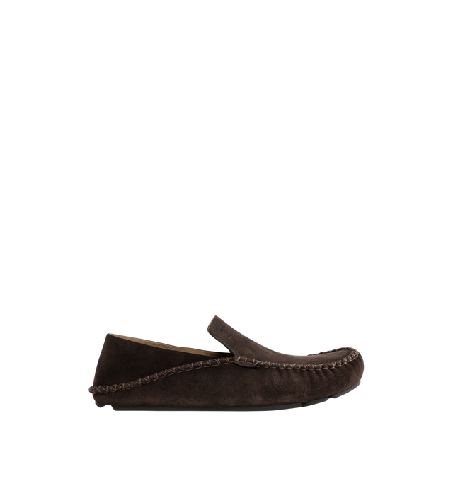 Image 1 of 4 - BROWN - Loewe Men's Loafer in suede calfskin made in a classic moccasin construction, featuring a round toe shape and collapsible back. Featuring padded leather insole, suede lining, Anagram cut-out rubber outsole and embossed Anagram on the upper. Made in Italy.