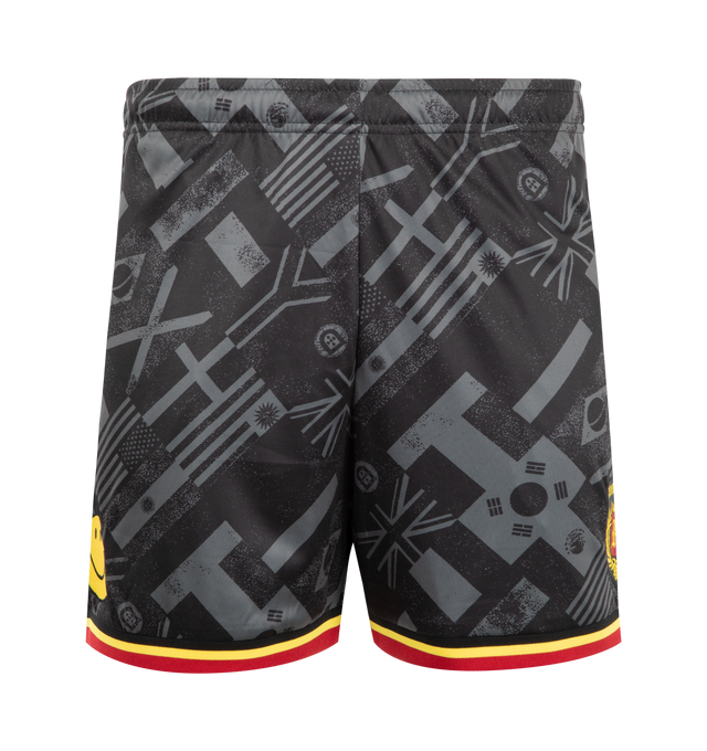 Image 1 of 4 - BLACK - MARKET SMILEY International Flags Soccer Shorts featuring elastic waistband, adjustable interior drawcord, side pockets, back pocket, ribbed leg trim, all-over printed pattern, crest logo patch on front left leg and Smiley patch on front right leg. 100% polyester.