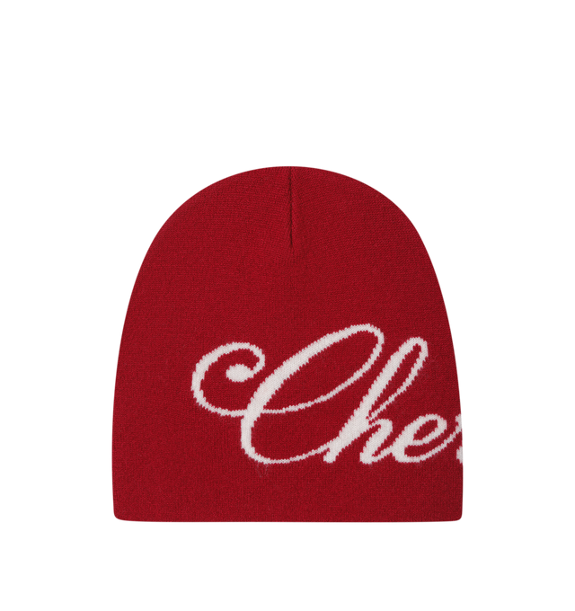 Image 1 of 3 - RED - Cherry LA Skull Cap is crafted from a luxurious wool and cashmere blend and features a classic skull cap silhouette designed for everyday cold-weather wear. Finished with Cherry script branding along the body, this elevated essential combines lightweight warmth with a soft, comfortable feel. Main Material: Wool and Cashmere Blend.