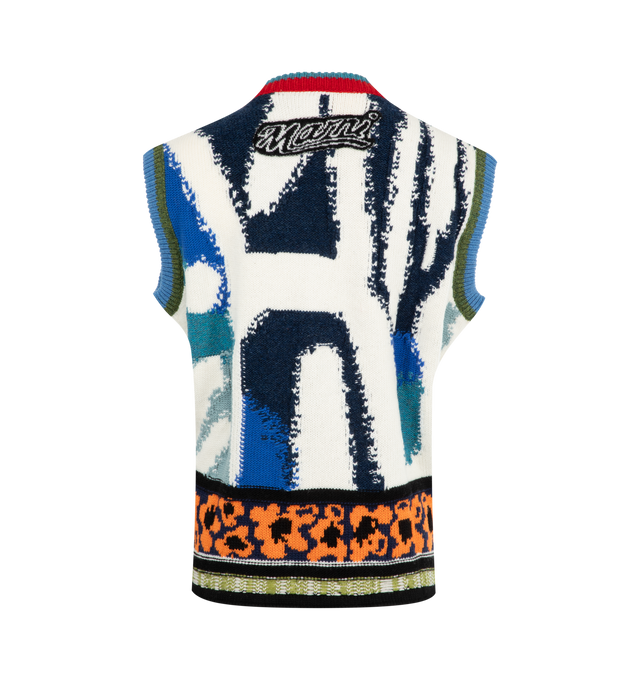 Image 2 of 2 - MULTI - MARNI V Neck Sweater Vest featuring sleeveless sweater knitted from virgin wool with contrasting patterns in a tactile jacquard and intarsia mix, Marni logo patch on the back neck, regular fit, V-neck and patches throught. 100% wool. Made in Italy.