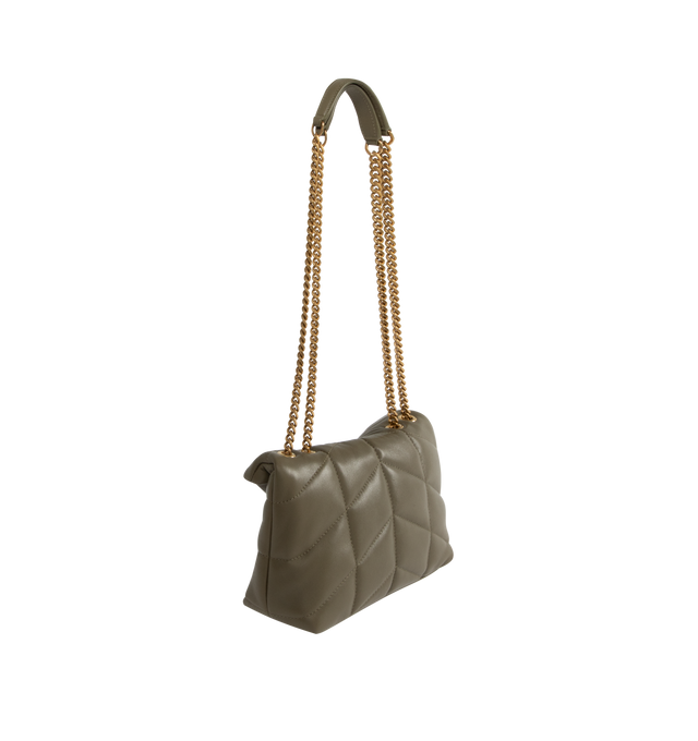 Image 2 of 4 - GREEN - SAINT LAURENT LouLou Puffer Toy Bag crafted from soft nappa lambskin with chevron quilting. Featuring magnetic snap tab, light bronze hardware, and a sliding 11.4 inch to 21.7 inch long chain strap suitable for use as a shoulder bag or cross-body. Interior features a zipped pocket, two card slots and grosgrain lining. Measures 9 X 6.1 X 3.3 inches. 100% lambskin. Made in Italy.