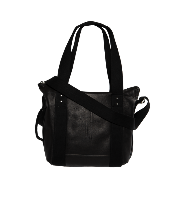 Image 1 of 3 - BLACK - RICK OWENS Mini Trolley Tote featuring twin webbing carry handles, adjustable webbing shoulder strap, carry handle at side, D-ring hardware and embossed logo at face, zip closure, patch pockets and zip pocket interior, unlined and logo-engraved silver-tone hardware. H12 x W10 x D4.5 in. Leather, textile. Made in Italy. 