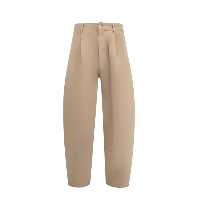 Image 1 of 3 - BROWN - Studio Nicholson pleated denim pants crafted from a rigid 13oz Italian denim with a strong salt and pepper grain and tobacco thread at the seams. Utilitarian, carpenter-style jeans in a very full cut with deep pleats and a curved leg shape. Featuring zip fly with button closure, back cinch and wide cuff. 100% cotton.