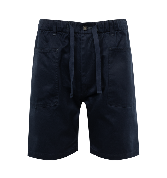 Image 1 of 3 - NAVY - POST O'ALLS E-Z Army Shorts featuring elasticated waistband, belt loops, button closure, patch pockets and cinch on reverse. 100% cotton. Made in Japan. 