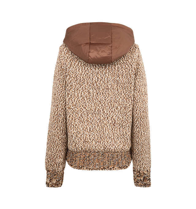 Image 2 of 3 - BROWN - MONCLER Wool Zip Up Hoodie featuring zip front fastening, ribbed hem and cuffs, drawstring nylon padded hood, side pockets and logo on sleeve. 100% wool. 100% polyamide.