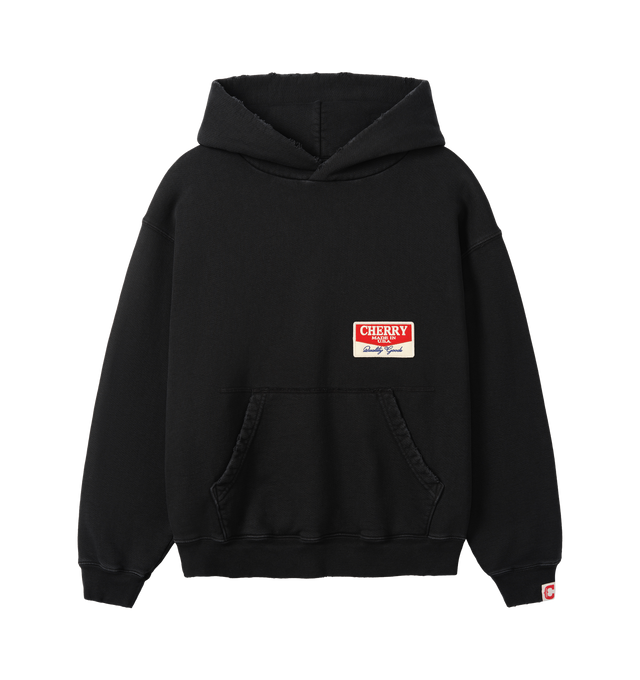 Image 1 of 6 - BLACK - Cherry LA Chevron Pullover Hoodie is crafted from custom cotton fleece and features a boxy-fit silhouette with a classic pullover design. Designed with a chest patch, distressed detailing, and a branded label at the cuff, this everyday essential combines a relaxed fit with Cherry LA's signature worn-in aesthetic. Main Material: Custom Cotton Fleece. Made in Los Angeles, California.