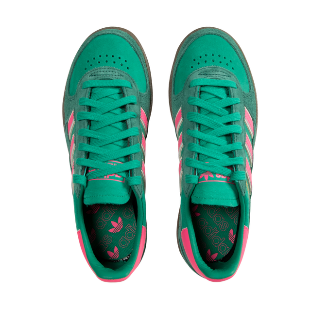 Image 5 of 5 - GREEN - Adidas Handball Spezial leather sneakers inspired by archive handball shoes. Made from premium nubuck with durable suede overlays along the toe and mudguard, leather 3-Stripes and gold-letter Spezial branding. Features a rubber cupsole with rugged traction, leather lining and lace closure. Unisex style in men's sizes.