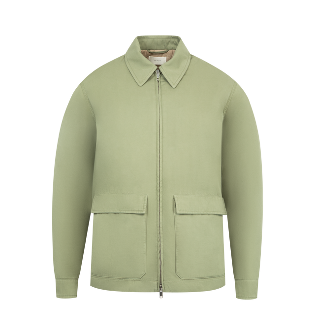 Image 1 of 3 - GREEN - THE ROW Justo Jacket featuring collared jacket in cotton and cashmere gabardine with buckled straps at side waist, front patch pockets and two-way front zip closure. 95% cotton, 5% cashmere. Lined in 100% cotton. Made in Italy.