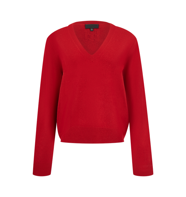 Image 1 of 2 - RED - Nili Lotan Women's Emma Cashmere Sweater is crafted from lightweight cashmere in a jersey-stitch knit and features a relaxed-fit silhouette with a flattering V-neckline, medium body length, and regular-length sleeves. Designed for effortless everyday wear, this luxurious pullover is finished with rib-knit trims at the cuffs, hem, and neckline, along with Nili Lotan's signature center-back cable-knit detail. Main Material: 100% Cashmere.