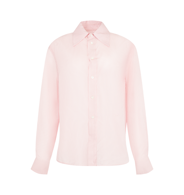 Image 1 of 2 - PINK - BOTTEGA VENETA Women's Shirt is crafted from pinstriped crepon and features a relaxed silhouette with crisp all-over stripes. Designed with a button-down closure and a curved hem, it is finished with discreet embroidered BV logo detailing. Main Material: 58% Viscose, 42% Cupro. Made in Italy.