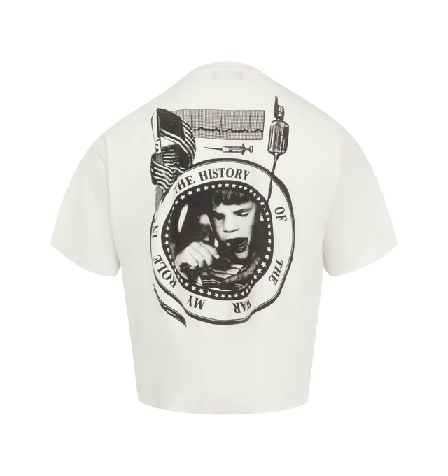 Image 2 of 2 - WHITE - ENFANTS RICHES DEPRIMES My Role in the War Tee featuring a boxy, oversized fit with a rib knit neckline, single-stitch hems at the waist and cuffs, and printed artwork at the front and back. 100% cotton. Made in the USA.