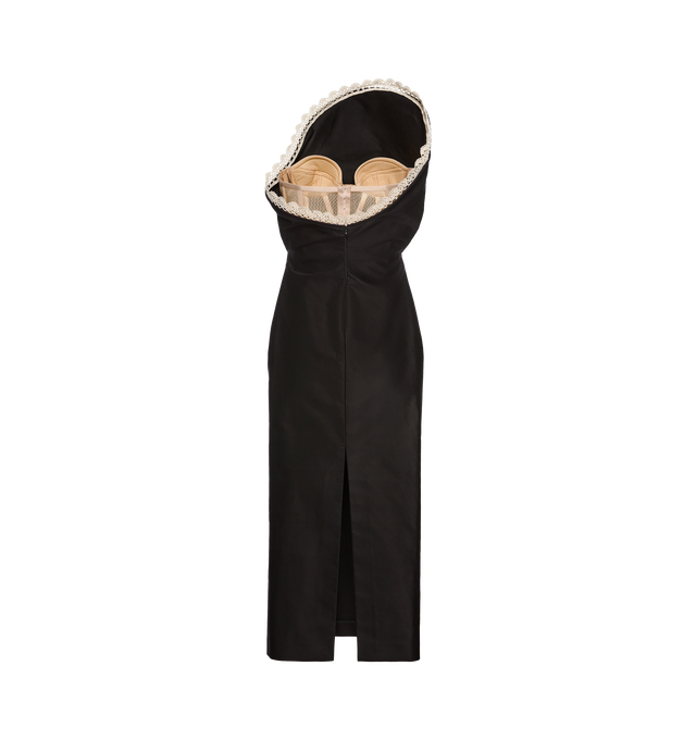 Image 2 of 2 - BLACK - MAGDA BUTRYM Lace Trim Sculptural Midi Dress featuring a classic sheath fit with a sculptural 3D shape at the chest and a handmade crochet lace trim. 100% cotton. Lining: 100% silk.