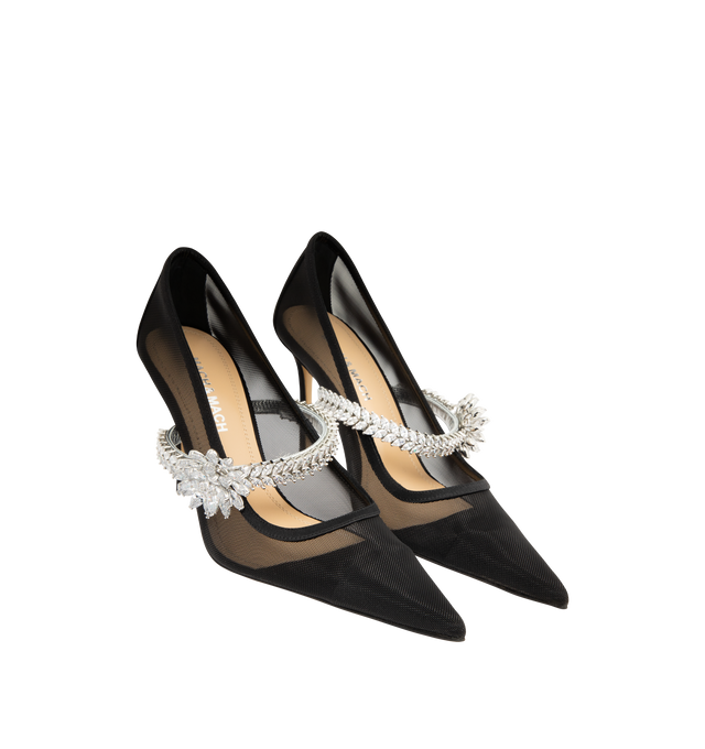 Image 2 of 4 - BLACK - MACH & MACH Lotus Flower Jewelled Mesh Pumps featuring sheer Italian mesh with a crystal strap, pointed toe and 95 mm heel. Upper: 100% Polyamide with crystal embellishment. Lining: 100% Kid Leather. Sole: 100% Calf Leather. Made in Italy.