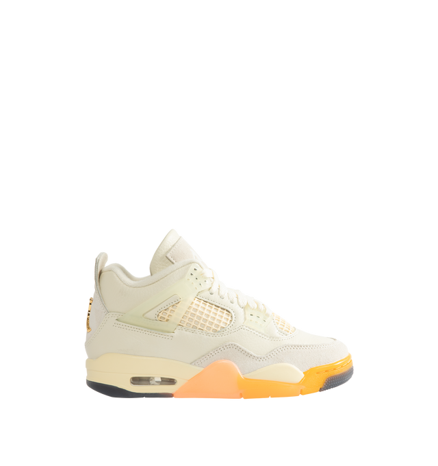 Image 1 of 5 - NEUTRAL - Women's Air Jordan 4 Retro Sneakers feature a smooth leather upper with mesh underlays, nubuck suede overlays, and a high-top silhouette inspired by a tropical color palette. These lifestyle sneakers combine a visible Air-Sole unit, a polyurethane midsole, and a durable rubber outsole for responsive cushioning, lasting comfort, and reliable traction. Main Material: Genuine Leather and Nubuck Suede. Midsole: Polyurethane with Visible Air-Sole Unit. Sole: Rubber.