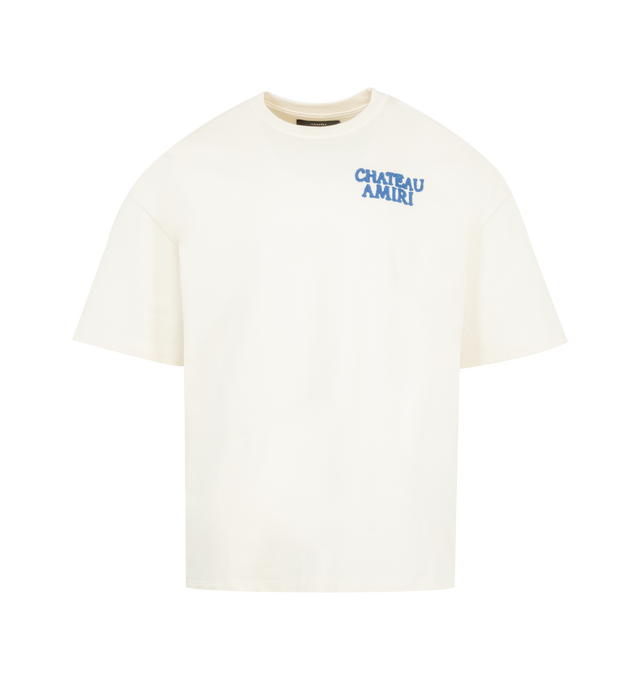 Image 1 of 2 - WHITE - AMIRI MA Chateau T-shirt featuring cotton jersey, short sleeves, rib-knit crewneck, logo graphic printed at chest and back, dropped shoulders and oversized fit. 100% cotton. Made in Italy.