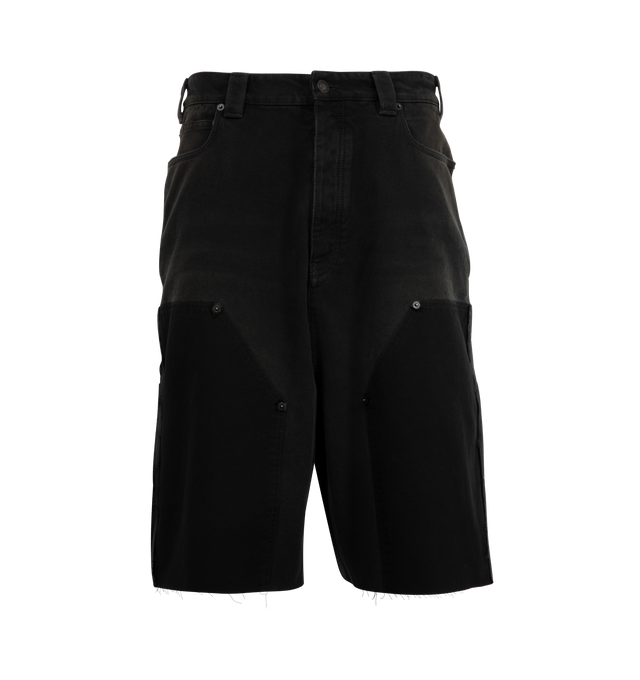 Image 1 of 3 - BLACK - BALENCIAGA Ripped Off Shorts featuring covered zip fly, 5 belt loops, 5 pockets, yokes with rivets at front, raw, ripped hem, Balenciaga engraved flex buttons and jacron at back. 100% cotton. Made in Italy.